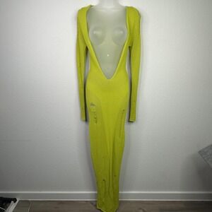 MURCI Dress Womens S Green Plunge Crochet Knit Distressed Party Festival Bodycon